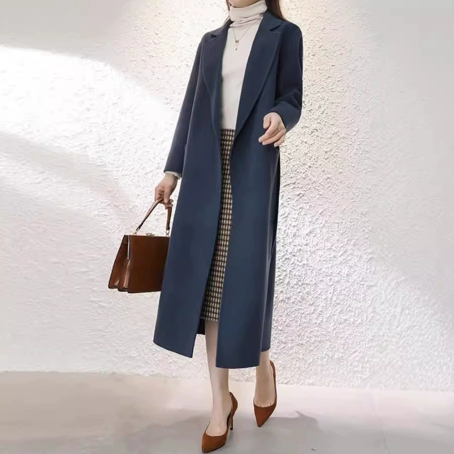 Двусторонний кашемировый пальто на коленях женский свободная версия 2024 новый удлиненный шнуровка шерстяное пальто женский