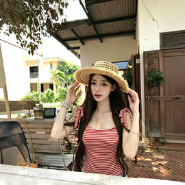 TZ7901韩系风蝴蝶结绑带条纹吊带上衣女夏外穿短款百搭辣妹小背心