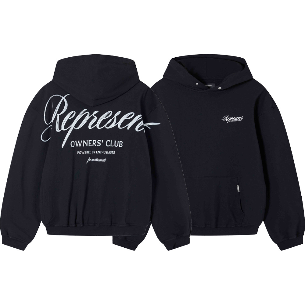 REPRESENT otoño e invierno nuevo estilo letra cursiva lema estampado calle alta casual negro suéter con capucha para hombres y mujeres