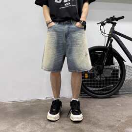 美式高街复古水洗做旧破洞牛仔短裤男夏季裤子宽松直筒五分中裤潮