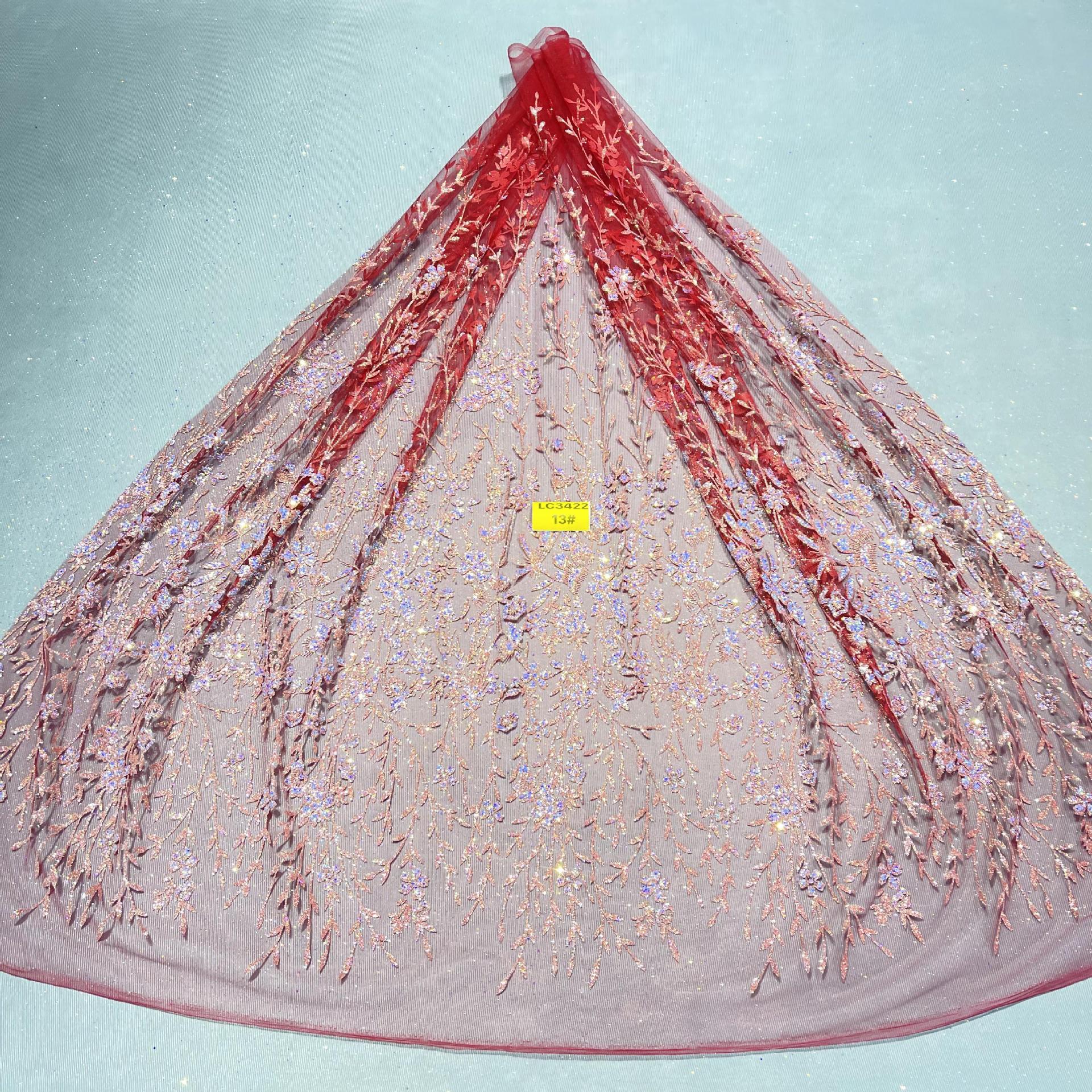 LC3422款花型13号胶底 10Y起订 婚纱礼服面料 网纱洒金片 喷金面