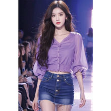 春夏新款韩系穿搭今年流行的漂亮小衫温柔气质紫色中袖衬衫女
