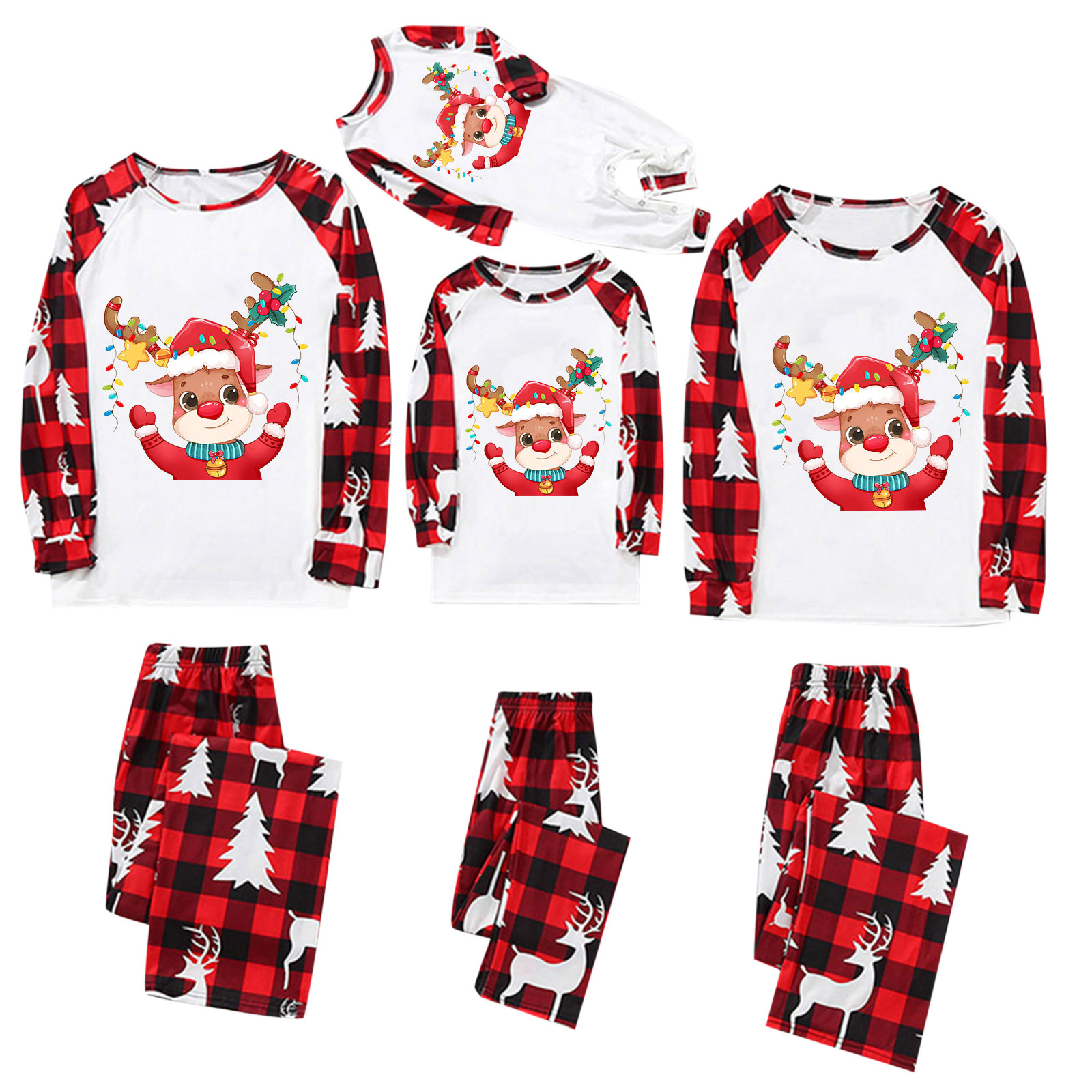 Casual Christmas Tree Plaid Elk Cotton Polyester Pants Sets Straight Pants Blouse Family Matching Outfits display picture 4