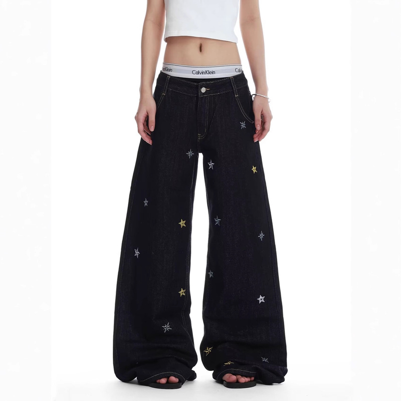 American Retro Washed Star Embroidery Jeans for Men and Women Street Fashion Brand Handsome Loose Casual Wide-Leg Straight Pants