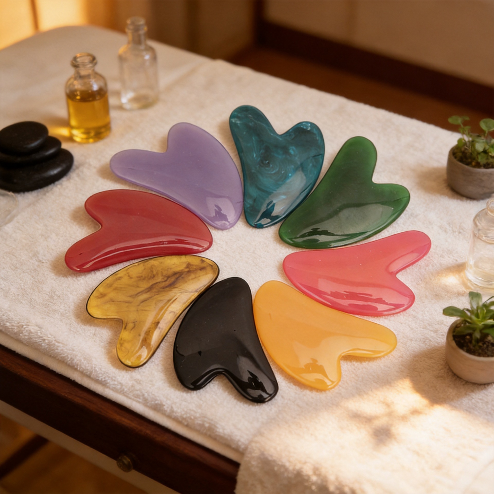 Factory direct wholesale resin heart-shaped gua sha pads for massaging back, neck, waist, and whole body. Made of natural materials.