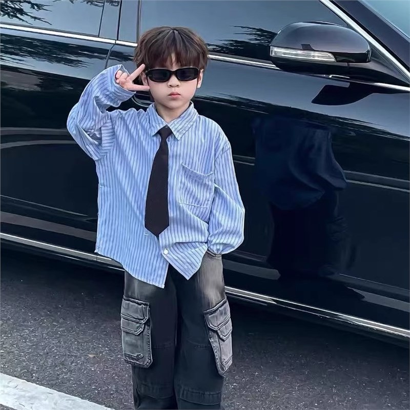 Boys' shirt, new spring style, Korean style, versatile preppy top, blue striped tie shirt