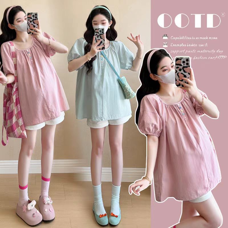 Pregnant Women's Top New Rainbow Buckle Fashion Casual Loose Slimming Sweet Doll Shirt Short Sleeve Belly Covering Top for Pregnant Women