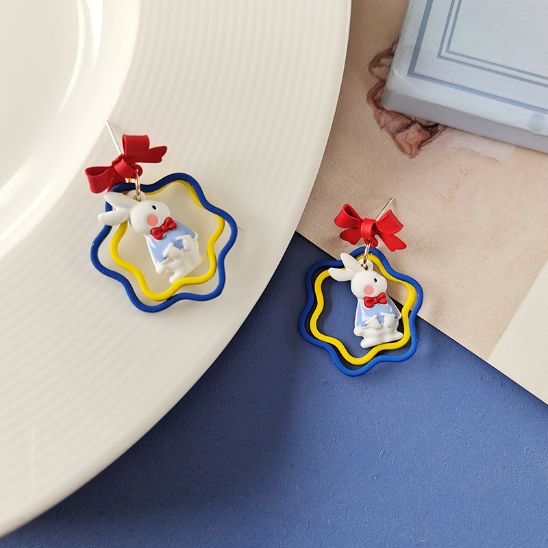 Cute Rabbit Bow Knot Alloy Enamel Stoving Varnish Earrings display picture 2