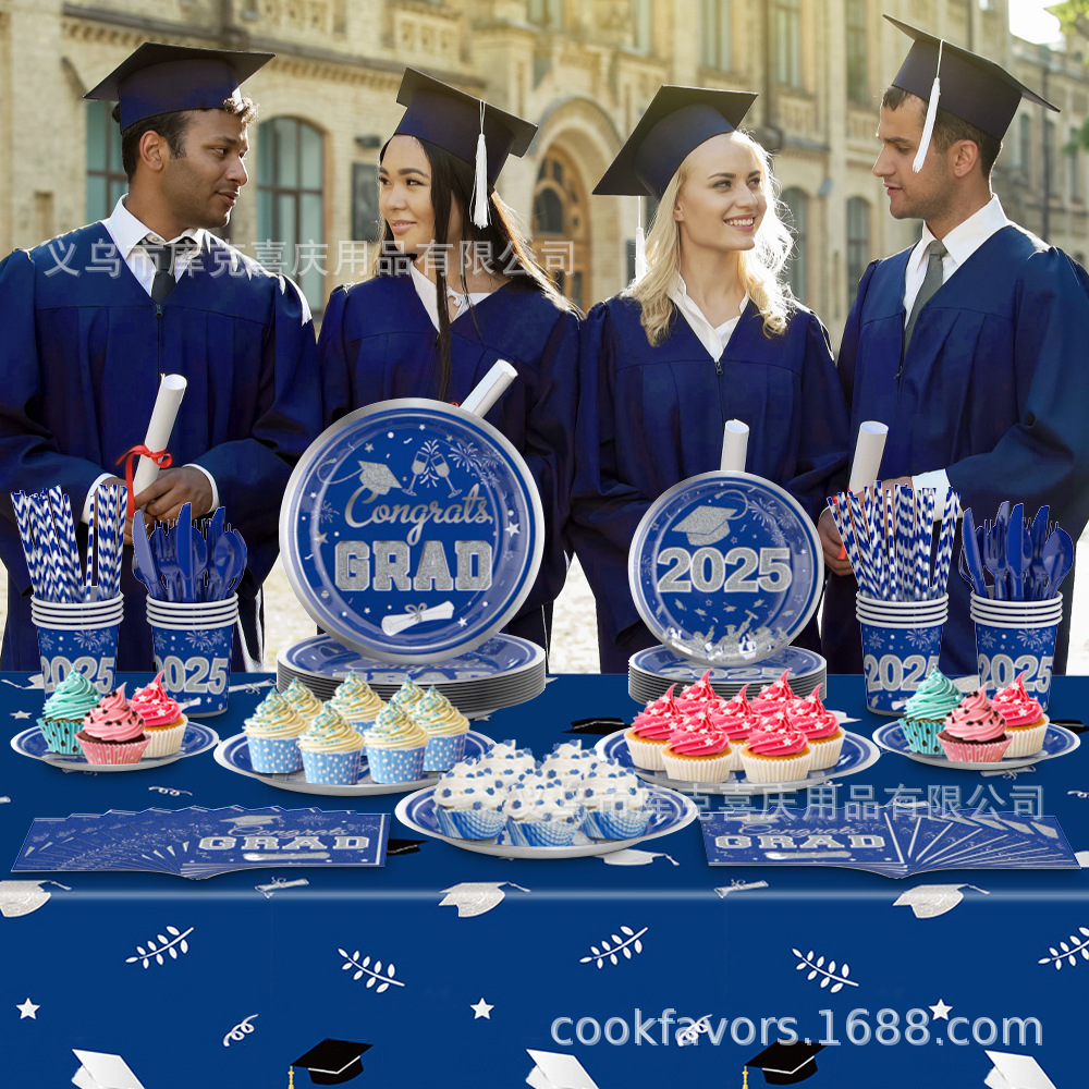 2025 nuevo diseño de decoración de fiesta de graduación temporada azul plata fiesta de graduación bandeja de papel taza de papel toalla de papel juego de vajilla