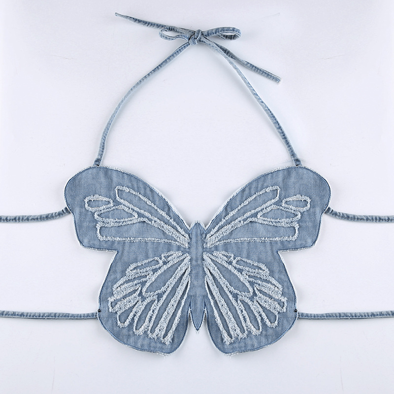 chaleco de mezclilla con estampado de mariposa y cuello halter sexy de color sólido NSSSN119387