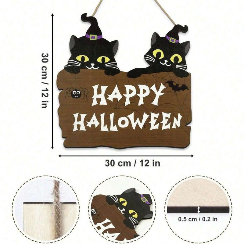 ハッピーハロウィン木製ウォールアート黒猫魔女壁コウモリ木製ハロウィン装飾|undefined