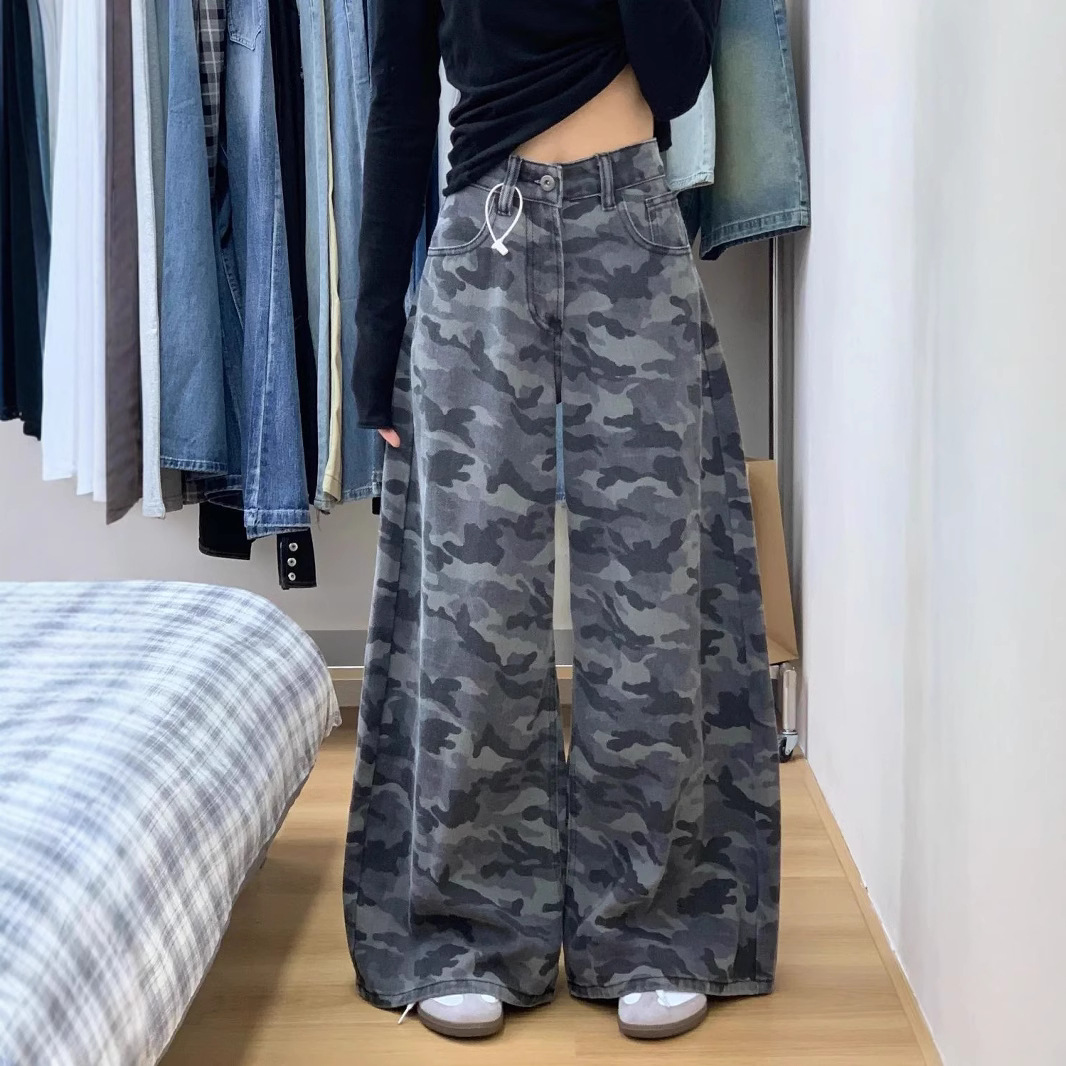 American Style Loose Wide Leg Jeans Women's Autumn Vintage High Waist Slim Look Straight Tooling Camouflage Pants Pear Shape Pants