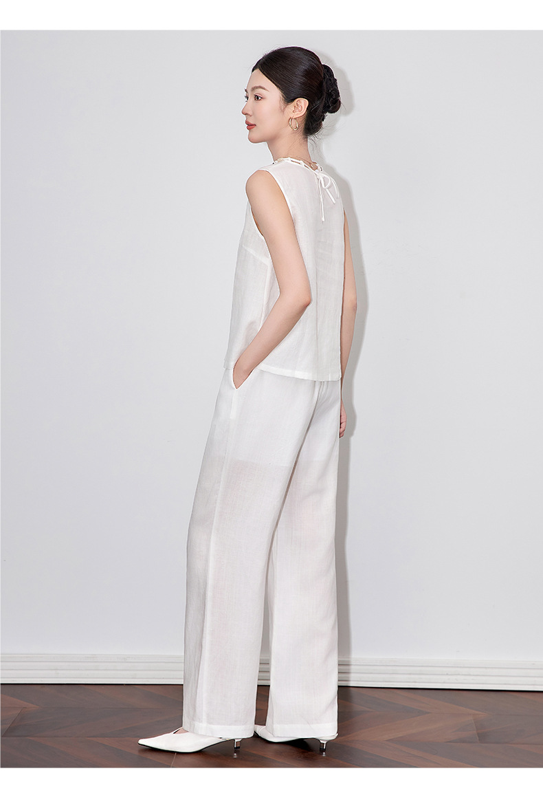 Bộ áo vest cổ cườm kết hợp quần ống rộng vải lanh nữ mùa hè — Màu trắng chi tiết 9
