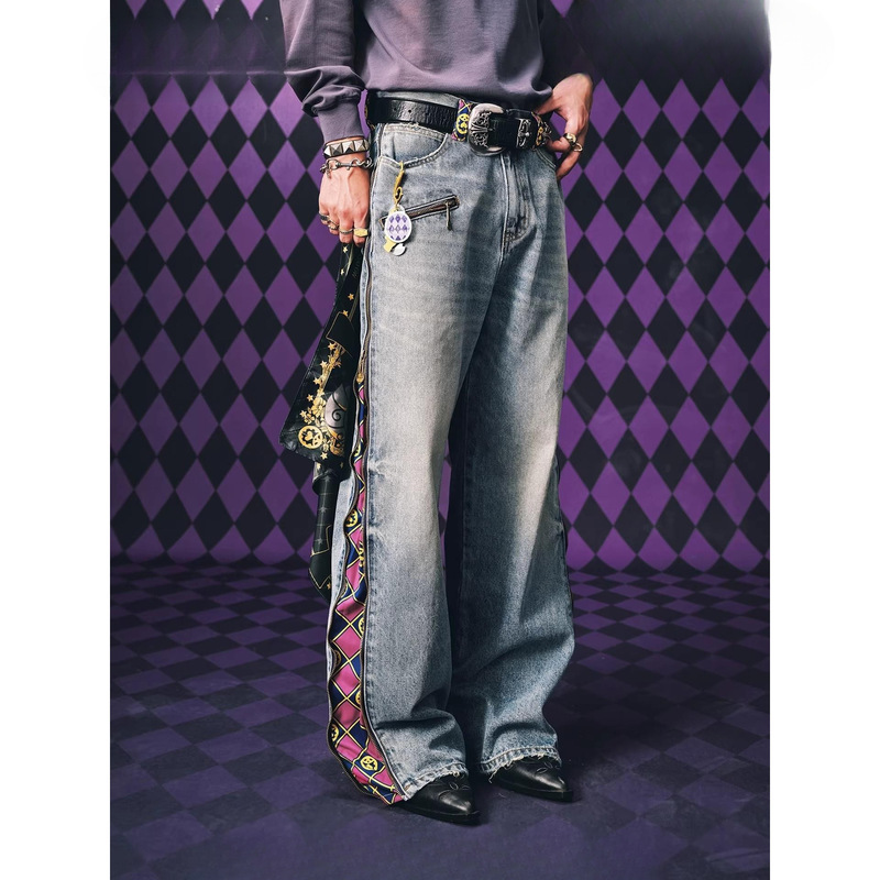 2026 JOJO's Bizarre Adventure Collaboration - Zippered Plaid Casual Jeans, Washed and Distressed, Slightly Stretchy, Floor-Length Pants