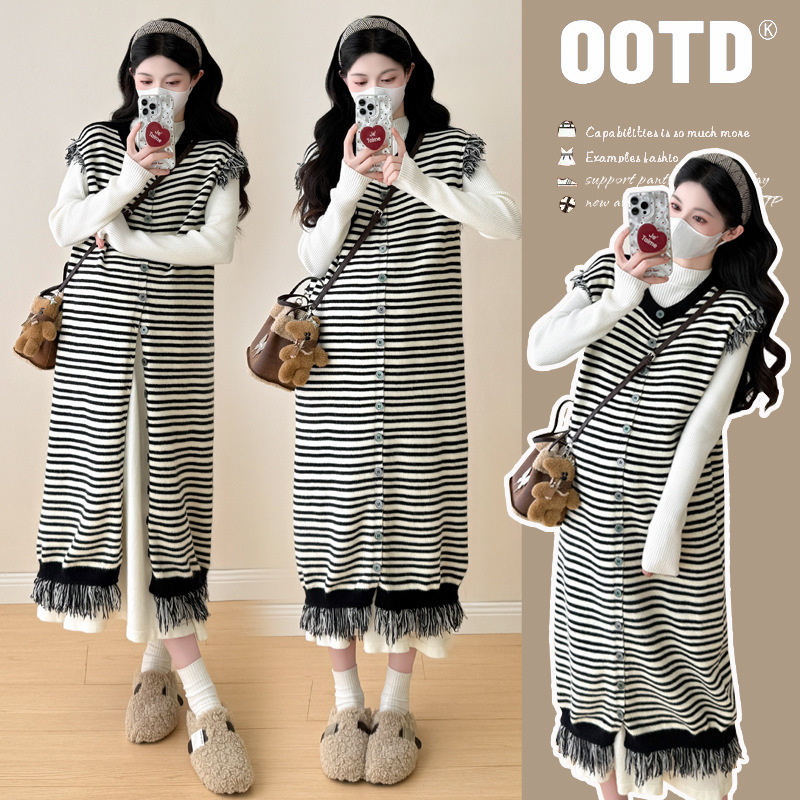 Real Shot of Ready-Made 2025 Autumn and Winter Maternity Sweater Single-Breasted Long Tassel Stripesd Vest Dress Suit