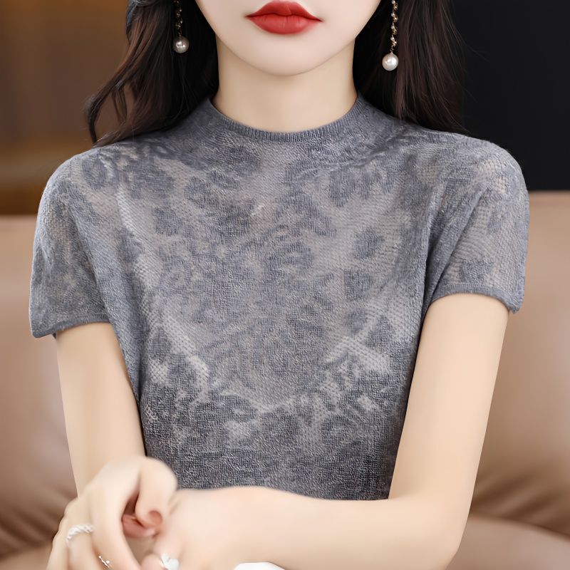 Ice Silk Short-sleeved Women's Thin Knitted Sweater Spring and Summer New Arrival Crocheted Hollow-out Half-sleeved T-shirt Western-style Lace Top Ice Silk Short-sleeved Women's Thin Knitted Sweater Spring and Summer New Arrival Crocheted Hollow-out Half-sleeved T-shirt Western-style Lace Top