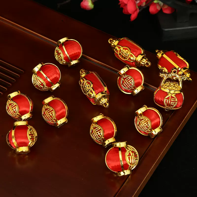 福字灯笼配件喜庆用品配件金色边框红灯笼丝线球灯笼挂件过年配饰