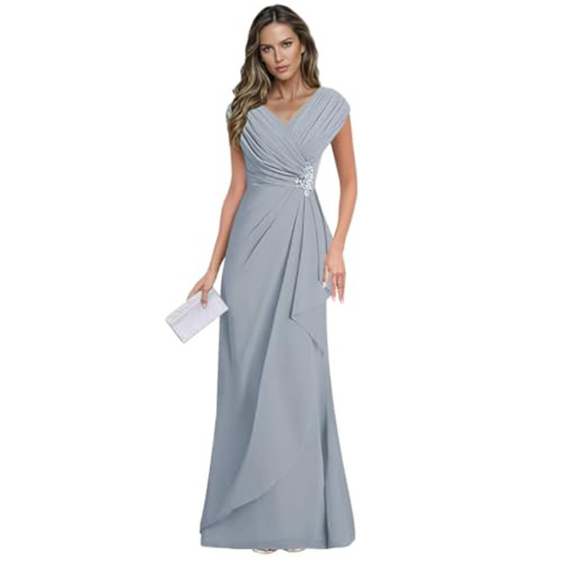 Evening dress, cross-border plus-size new elegant V-neck chiffon slim-fit long gown for banquet, long dress for female bridesmaids