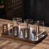 Transparent cup with walnut handle 460ml/6 pieces + small wooden tray