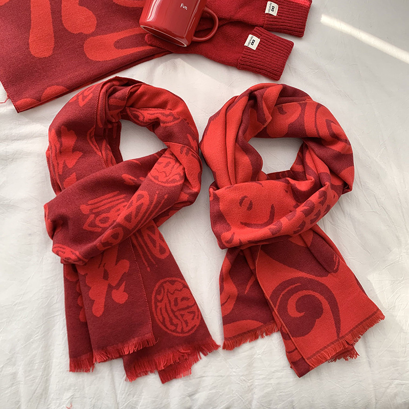 Bufandas de punto evento de reunión anual logotipo jacquard bordado regalo de la vida año bufandas rojas chinas cuello de punto chal