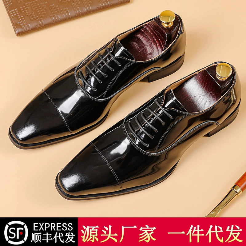 Кожаные туфли с тремя соединениями, мужские трансграничные деловые официальные туфли, оксфорды в британском стиле, повседневные кожаные лакированные туфли ручной работы с открытым краем