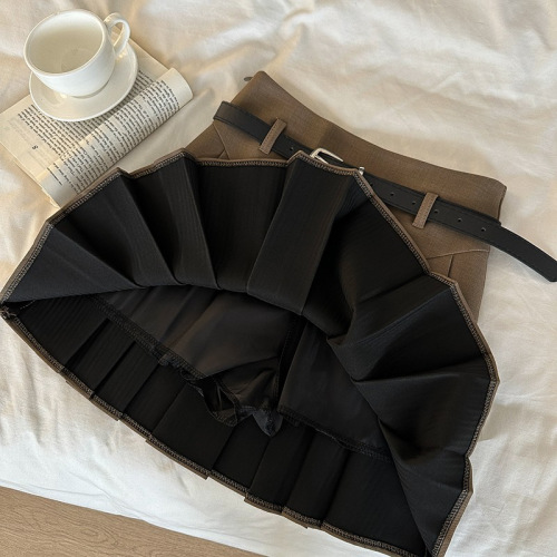 Stylish and Versatile High-Waisted Semi-Annual Skirt 2025 Summer New Arrival Korean Style Pleated Skirt with Belt Solid Color Short A-Line Skirt