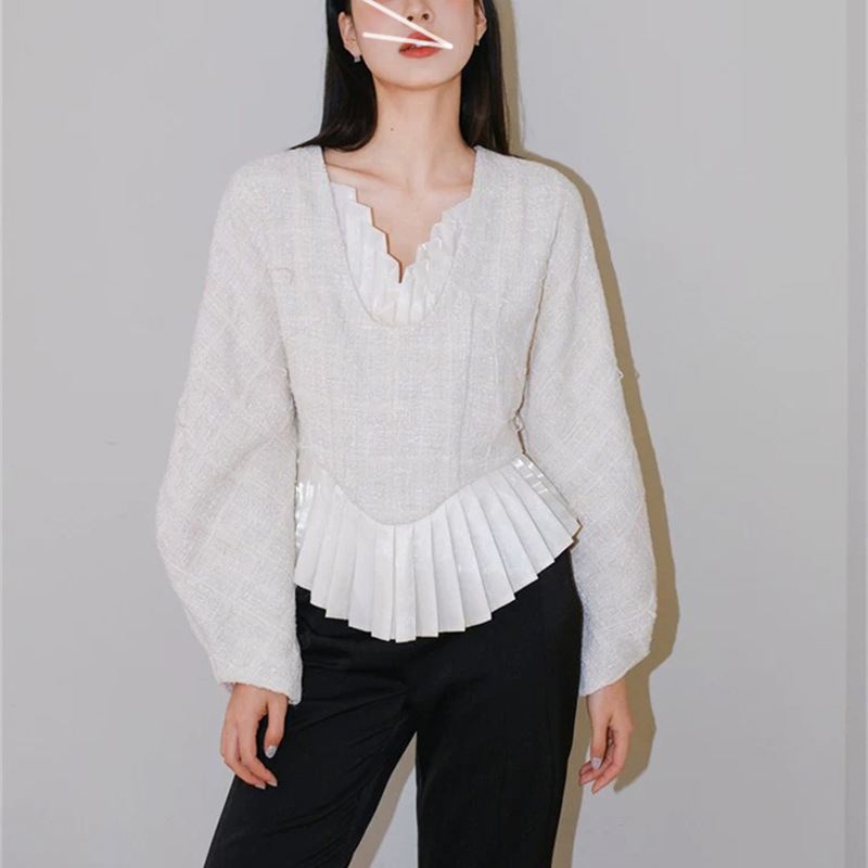 In-Stock French-Style Light Luxury Tweed Satin Ruched Lantern Sleeve Blouse for Socialites, Niche Waist-Cinching Slimming Top