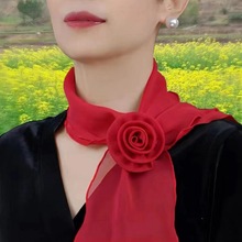 夏季新款玫瑰领花丝巾女士装饰脖子旅游跳舞时尚气质女小长巾围脖