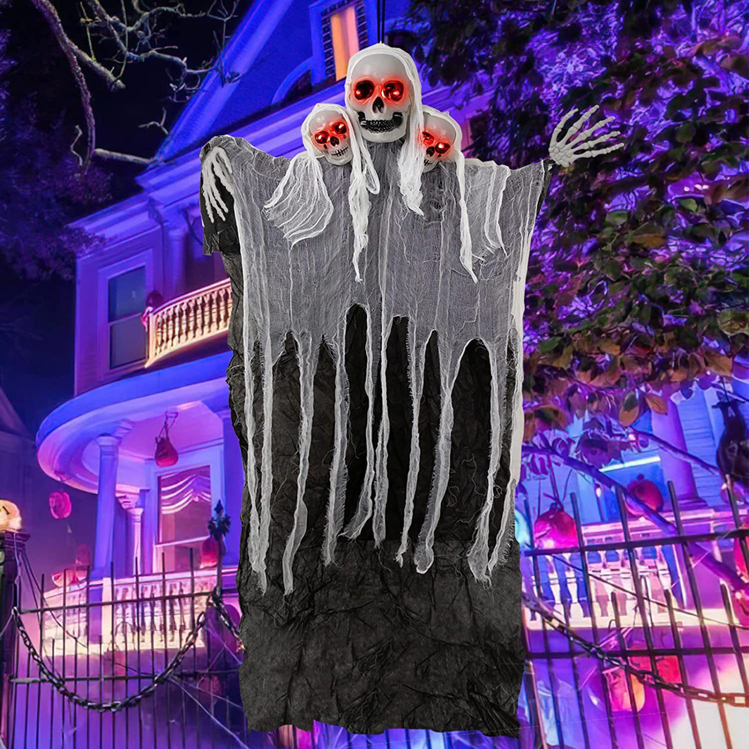 Halloween control de voz iluminado tres cabezas calavera colgante gran puerta de la habitación fantasma accesorios colgantes grandes fantasmas