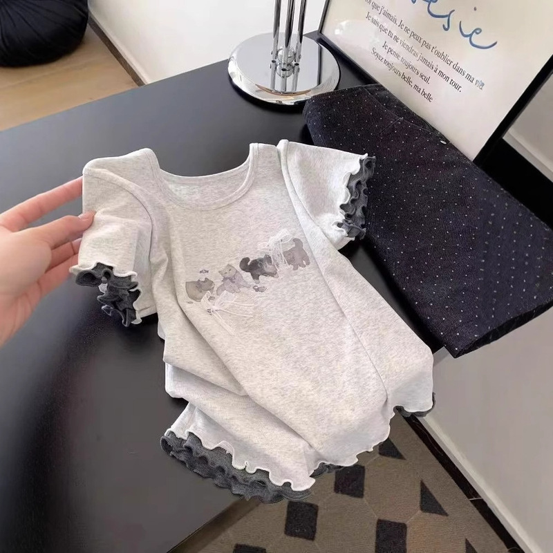 [210g 40 Count Pure Cotton] Cartoon Cat Lace Bow Short-Sleeved T-Shirt Women's New Summer Slim Top