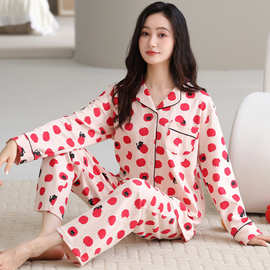纯棉长袖长裤女士开衫睡衣柔软休闲全棉妈妈长袖家居服可外穿套装