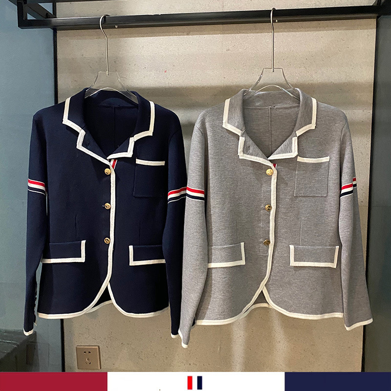 2025 Autumn College Style Tb White Striped Knitted Cardigan Sweater Slim Fit Lapel Small Suit Short Jacket Women
