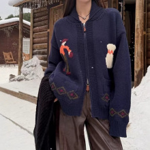 韩国东大门秋冬日慵懒风小众重工时尚宽松翻领开衫毛衣厚实外套女