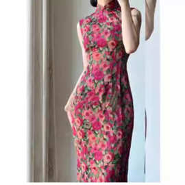 新中式国风气质高级感玫红色无袖旗袍改良修身碎花连衣裙645602