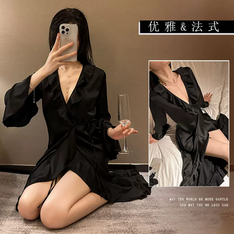 Шелковистый пеньюар Sexy pijama, халат кимоно, кардиган, французский стиль, V-образный вырез