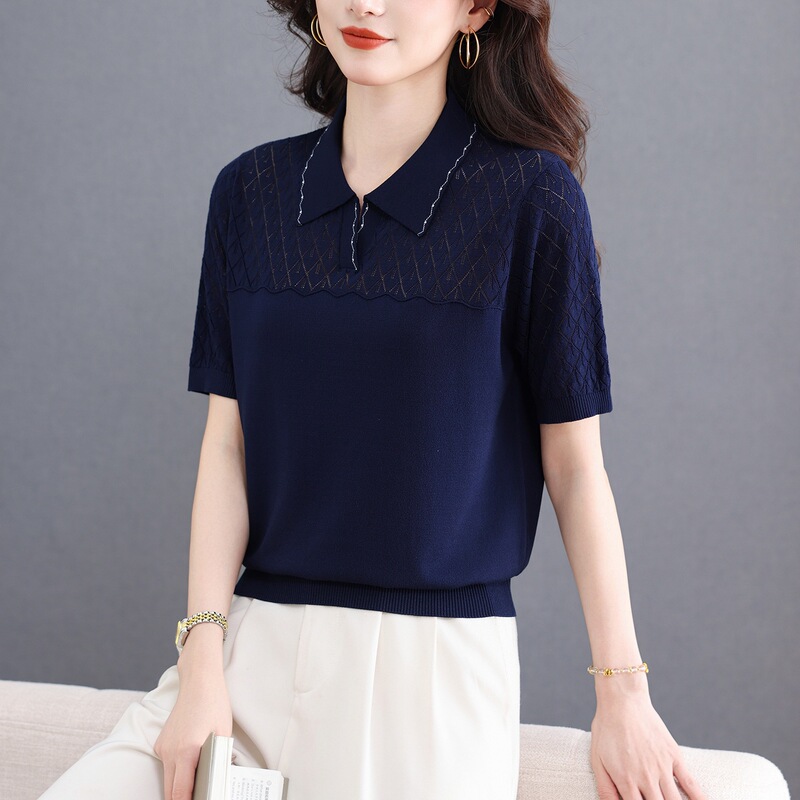 Brand High-End Niche Mom-Style Thin Knit Top for Women, Fashionable Turn-Down Collar, Age-Reducing, Slimming, Breathable Short-Sleeve T-Shirt