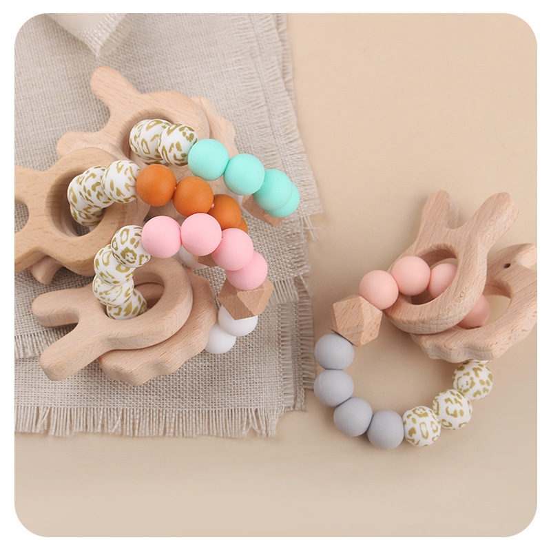 Nuevo bebé conejo bordado pulsera de goma de madera DIY bebé perlas de silicona juguetes de mordida de dientes varilla de molienda