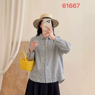 2026秋季新款 简约花朵刺绣勾花双层纱棉衬衫 宽松翻领开衫上衣女