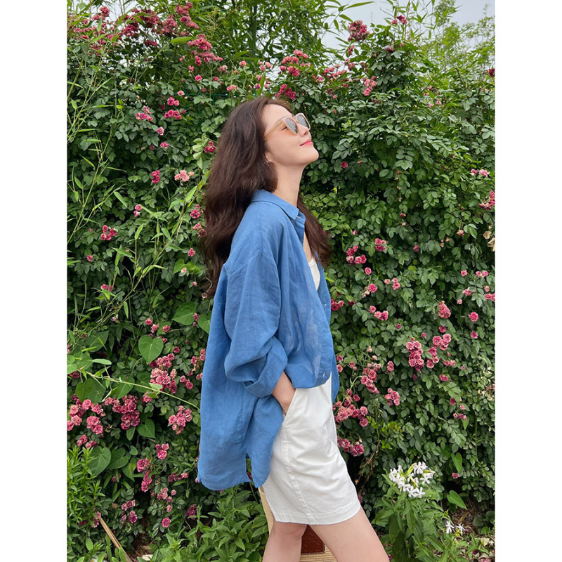 Manmans French-Style Relaxed Shirt, Thin Ramie Loose Sun-Protection Shirt, Nice Blue Shirt, Cotton-Linen for Women