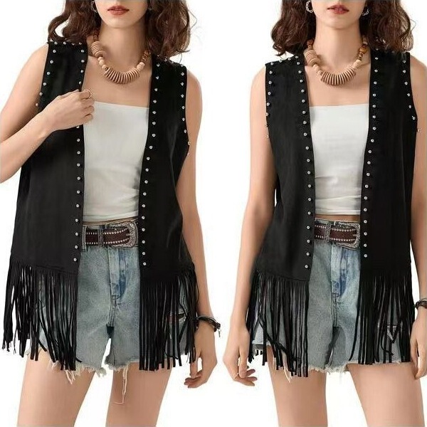 European and American Cross-Border Fashion Sleeveless Design Vest with Round Rivets and Tassels, Casual and Stylish Vest Cardigan Jacket European and American Cross-Border Fashion Sleeveless Design Vest with Round Rivets and Tassels, Casual and Stylish Vest Cardigan Jacket
