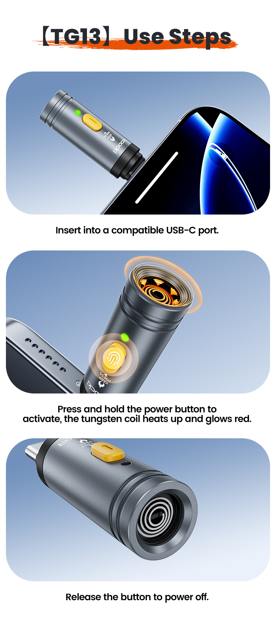 Toocki Portable Mini Igniter Outdoor Camping Emergency Lighter with External Type-C Plug-In for Car Use