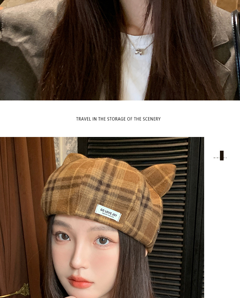 Britisches kariertes Barett, Herbst/Winter, Damen, Katzenohren, niedlich, achteckig, modisch, vielseitig, Malerhut_voghion.com