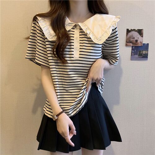 Large size fat baby collar stripe ruffled short-sleeved shirt for women, loose slimming belly-covering top for women, 2- 300kg