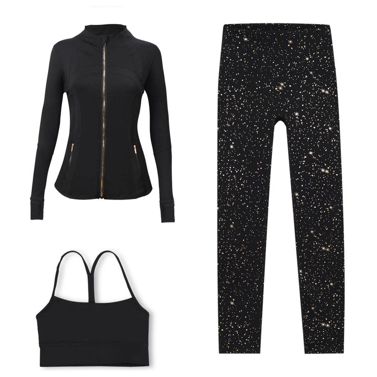 Women's Workout Set Gold Star Activewear Jacket Bra Leggings_voghion.com