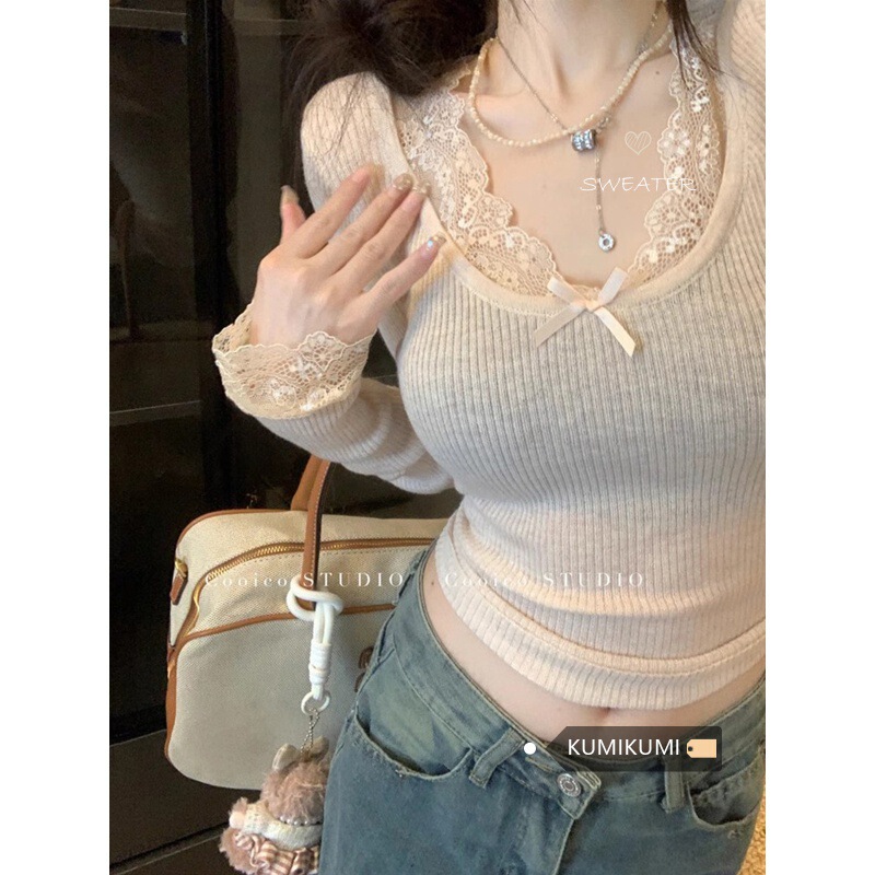 Spice Girls Pure Sexy Lace Stitching Long Sleeve Warm Scrub Autumn and Winter Short Stretch Slim-fit Slimming Inner Top