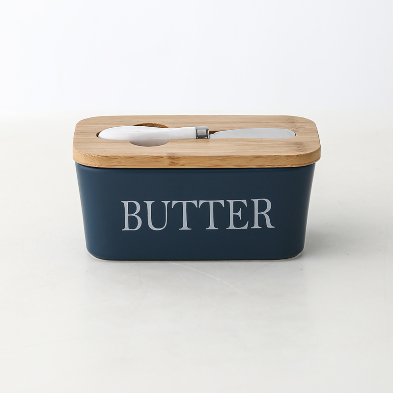 長方形の陶磁器のバターの箱の密封の缶の牛油の箱の竹の蓋はナイフの洋式の家庭用チーズの箱のクロスボーダーのアマゾンを持ちます。|undefined