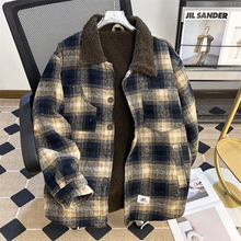 羊羔绒毛呢格子棉服冬季美式穿搭男生猎装复古翻领宽松外套男潮牌