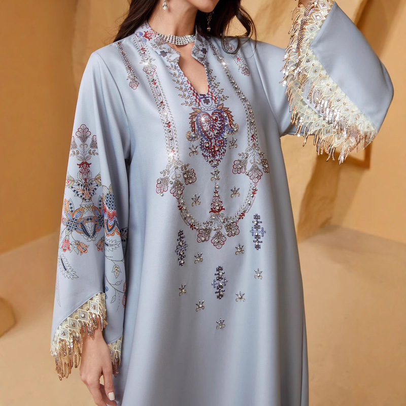 Nc13 Cross-Border Women's Robe V-Neck Printed Tassel Elegant Dress Malaysian Clothing Evening Gown