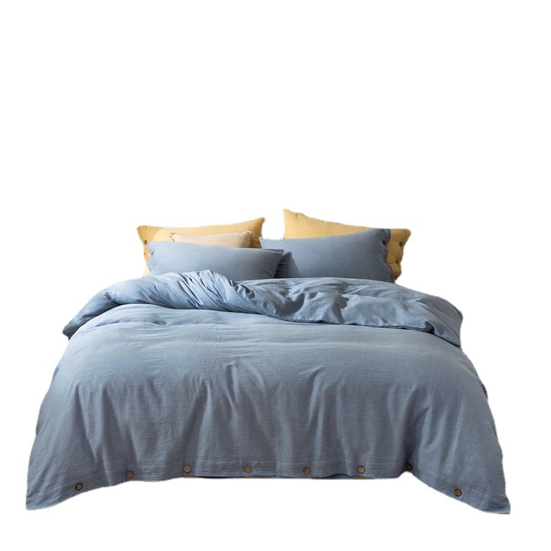 跨境A类轻奢立体提花色织全棉水洗棉四件套纽扣纯色被套床单批发