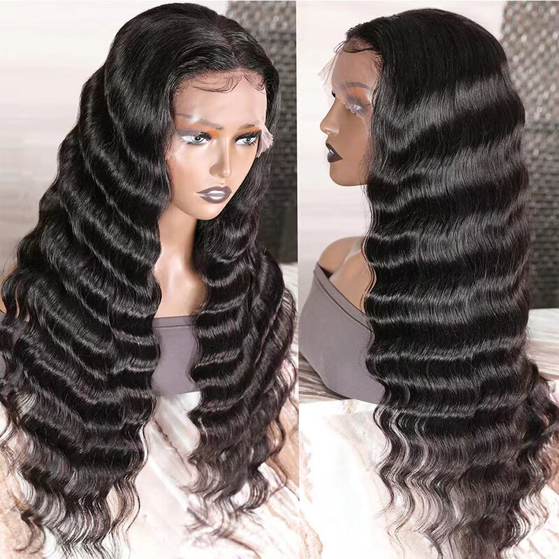 Front lace wig European and American women's water wave black long curly hair chemical fiber headgear factory wholesale spot Front lace wig European and American women's water wave black long curly hair chemical fiber headgear factory wholesale spot